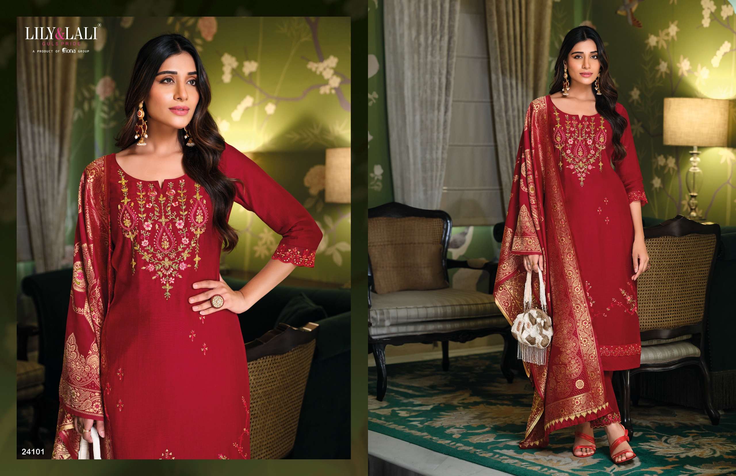 LILY & LALI PRESENTS HASMEENA VOL-5 HANDWORK VISCOSE SILK READYMADE 3PCS KURTIS CATALOG WHOLESALER AND EXPORTER IN SURAT