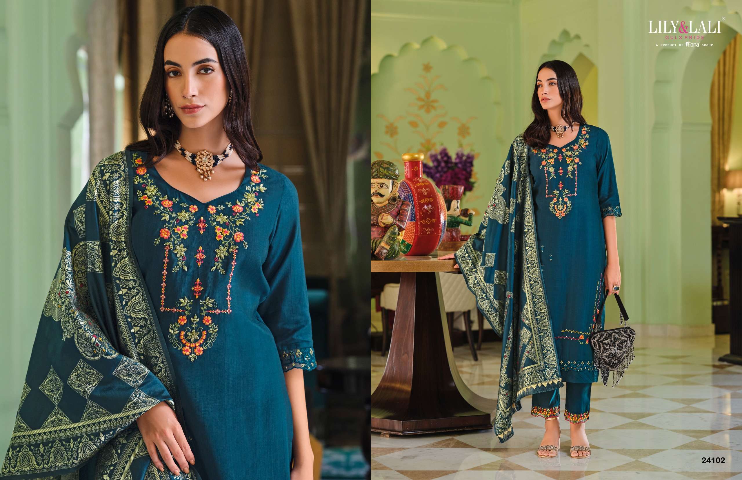 LILY & LALI PRESENTS HASMEENA VOL-5 HANDWORK VISCOSE SILK READYMADE 3PCS KURTIS CATALOG WHOLESALER AND EXPORTER IN SURAT