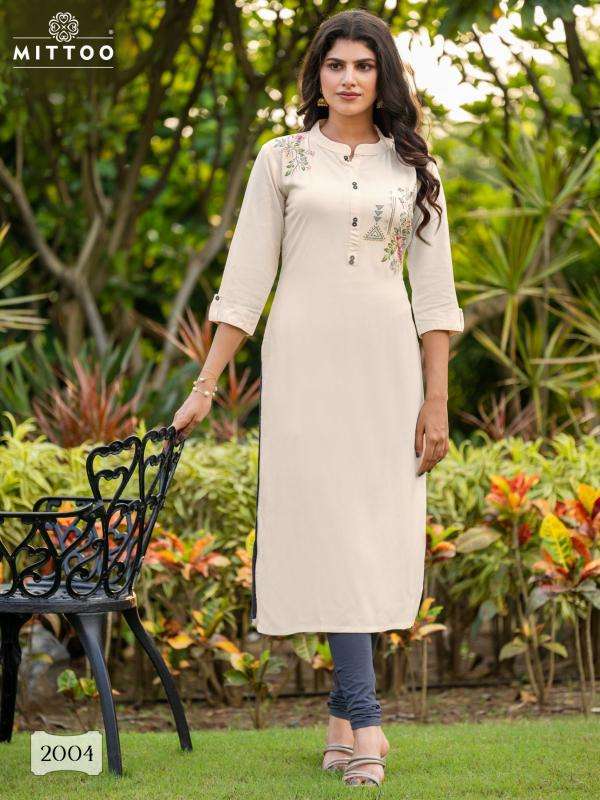 MITTOO PRESENTS EXOTICA VOL-1 RAYON READYMADE CASUAL LONG KURTIS CATALOG WHOLESALER AND EXPORTER 