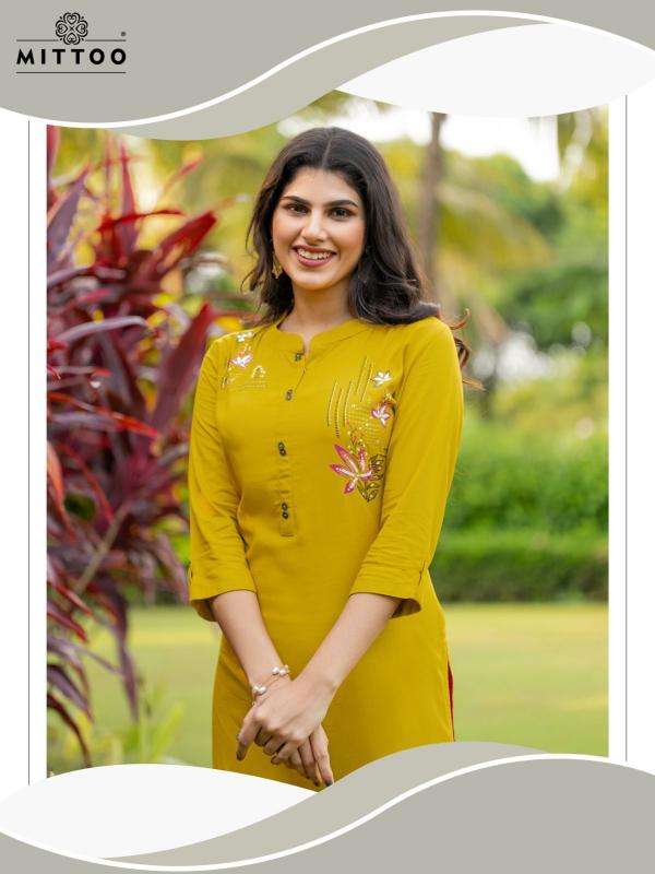 MITTOO PRESENTS EXOTICA VOL-1 RAYON READYMADE CASUAL LONG KURTIS CATALOG WHOLESALER AND EXPORTER 