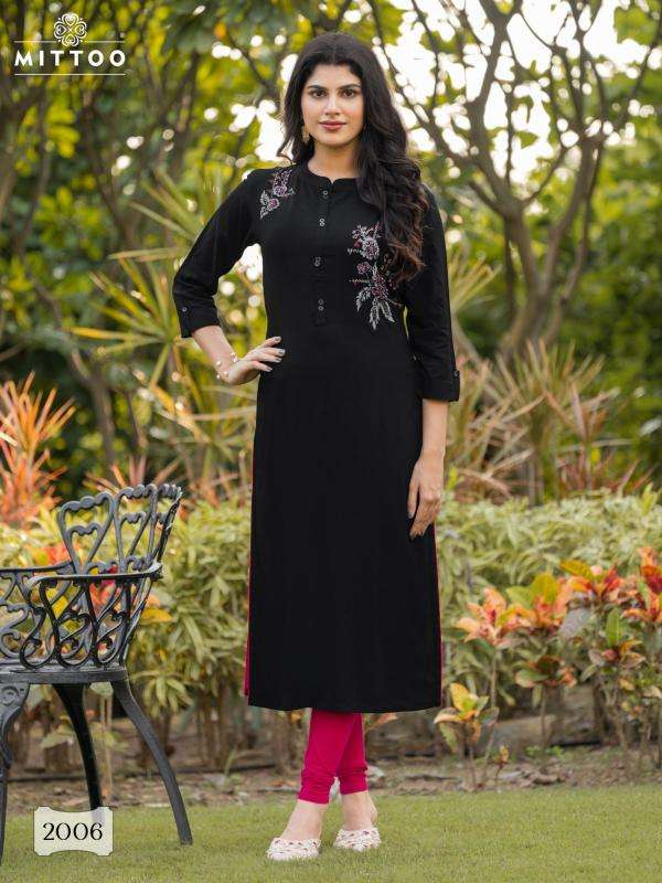 MITTOO PRESENTS EXOTICA VOL-1 RAYON READYMADE CASUAL LONG KURTIS CATALOG WHOLESALER AND EXPORTER 
