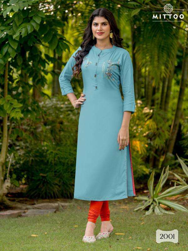 MITTOO PRESENTS EXOTICA VOL-1 RAYON READYMADE CASUAL LONG KURTIS CATALOG WHOLESALER AND EXPORTER 