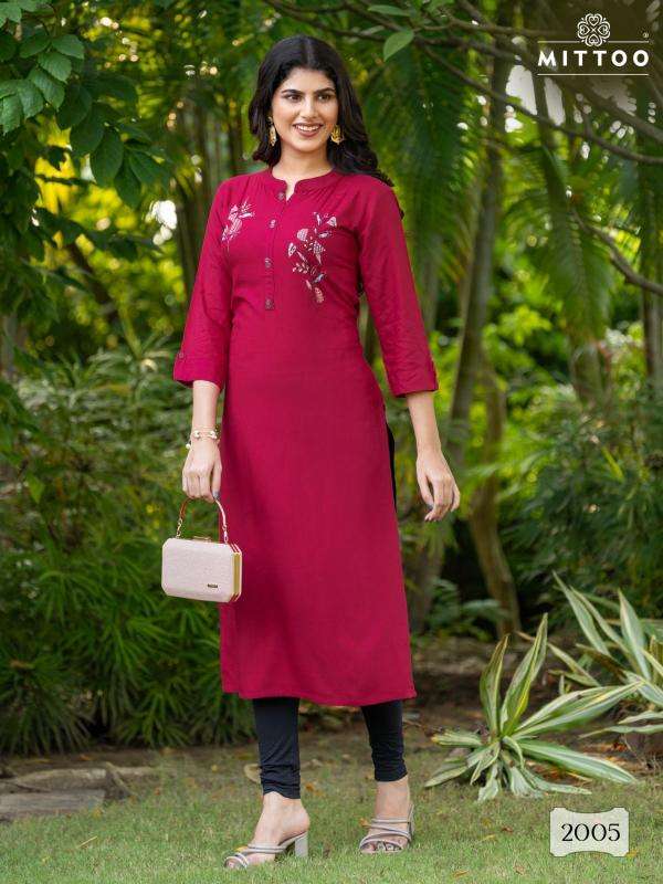 MITTOO PRESENTS EXOTICA VOL-1 RAYON READYMADE CASUAL LONG KURTIS CATALOG WHOLESALER AND EXPORTER 