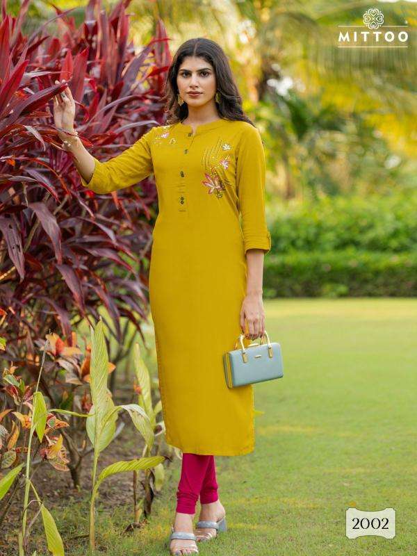 MITTOO PRESENTS EXOTICA VOL-1 RAYON READYMADE CASUAL LONG KURTIS CATALOG WHOLESALER AND EXPORTER 