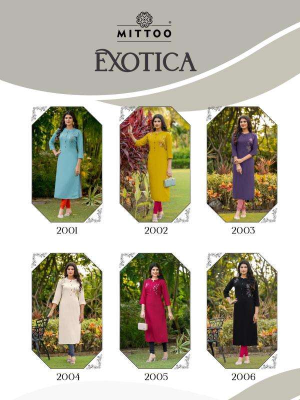 MITTOO PRESENTS EXOTICA VOL-1 RAYON READYMADE CASUAL LONG KURTIS CATALOG WHOLESALER AND EXPORTER 