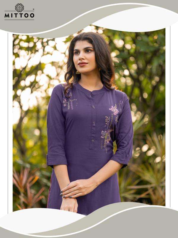 MITTOO PRESENTS EXOTICA VOL-1 RAYON READYMADE CASUAL LONG KURTIS CATALOG WHOLESALER AND EXPORTER 