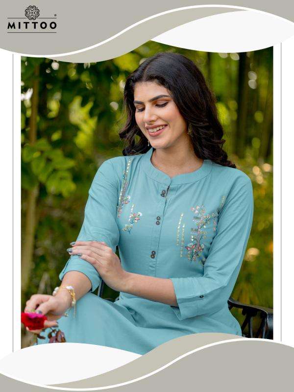 MITTOO PRESENTS EXOTICA VOL-1 RAYON READYMADE CASUAL LONG KURTIS CATALOG WHOLESALER AND EXPORTER 
