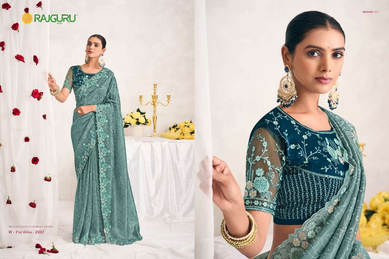RAJGURU PRESENTS PARSHWA DESIGNER FANCY SAREES CATALOG WHOLESALER AND EXPORTER IN SURAT
