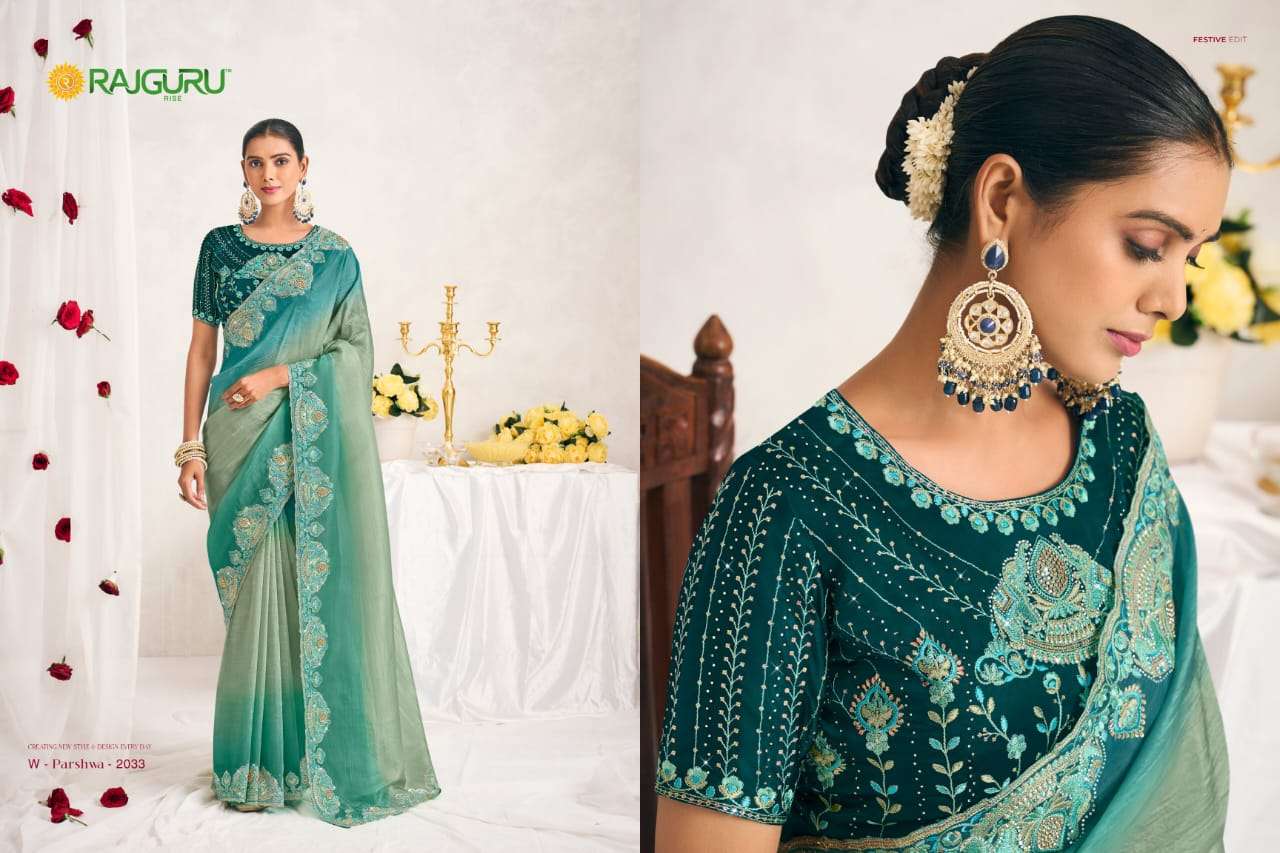RAJGURU PRESENTS PARSHWA DESIGNER FANCY SAREES CATALOG WHOLESALER AND EXPORTER IN SURAT