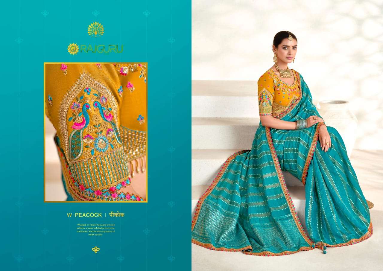 RAJGURU  PRESENTS PEACOCK FUNCTION WEAR FANCY WORK SAREES CATALOG WHOLESALER AND EXPORTER IN SURAT 