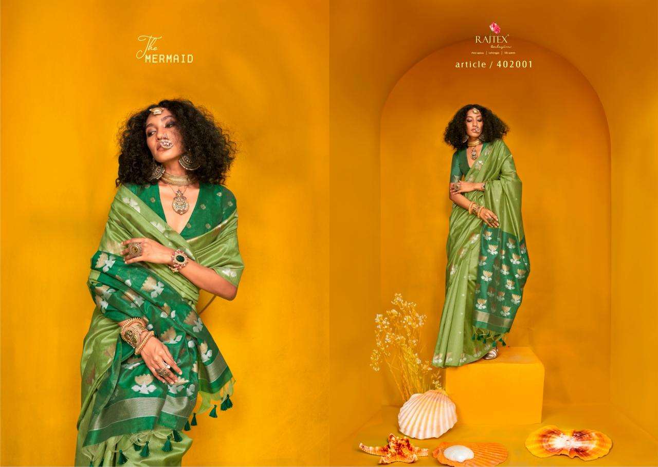 RAJTEX PRESENTS KRYSTAL LOTUS 402001-402006 TUSSAR SILK HANDLOOM DESIGNER SAREES CATALOG WHOLESALER AND EXPORTER 