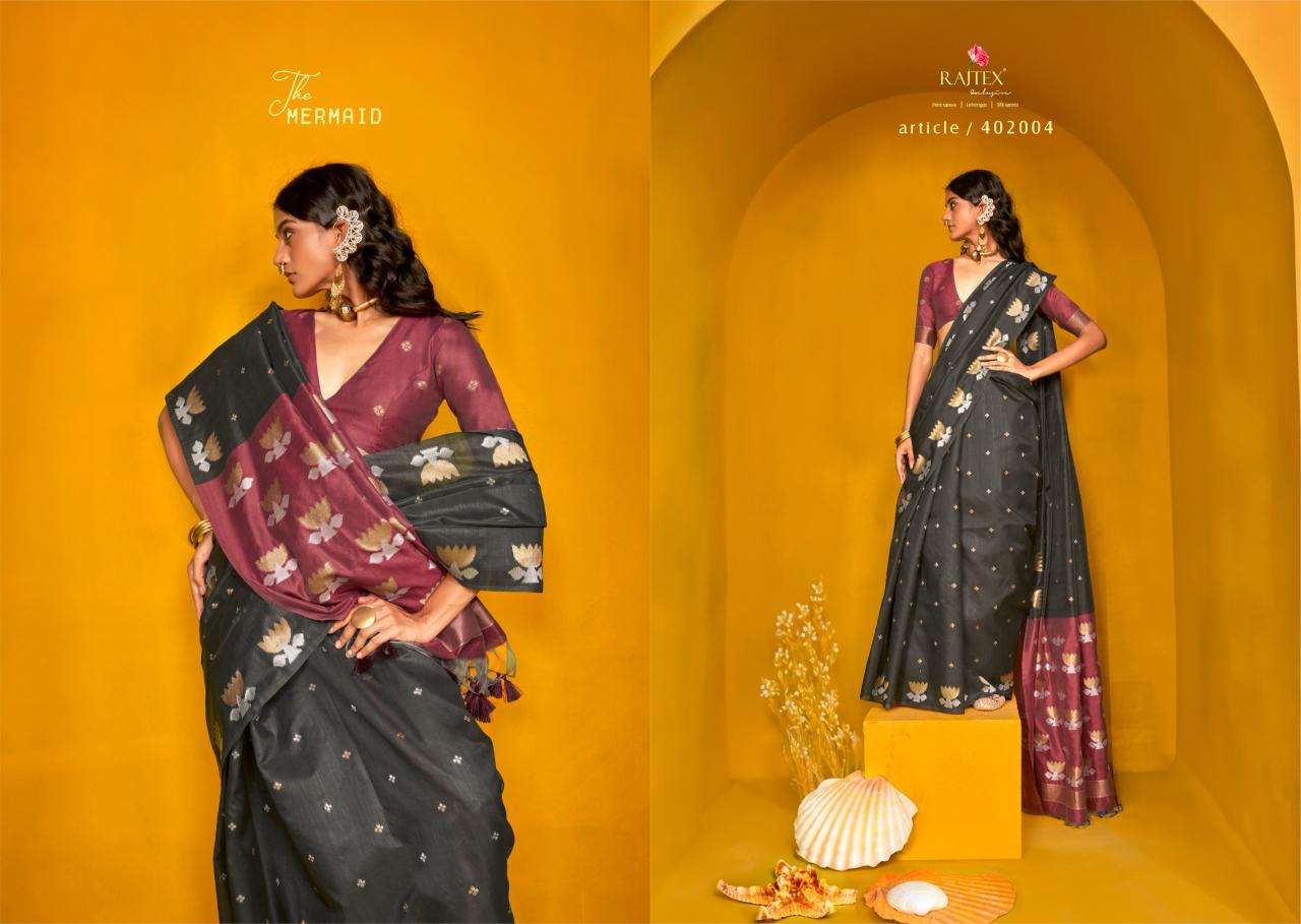 RAJTEX PRESENTS KRYSTAL LOTUS 402001-402006 TUSSAR SILK HANDLOOM DESIGNER SAREES CATALOG WHOLESALER AND EXPORTER 