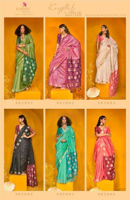 RAJTEX PRESENTS KRYSTAL LOTUS 402001-402006 TUSSAR SILK HANDLOOM DESIGNER SAREES CATALOG WHOLESALER AND EXPORTER 