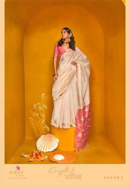 RAJTEX PRESENTS KRYSTAL LOTUS 402001-402006 TUSSAR SILK HANDLOOM DESIGNER SAREES CATALOG WHOLESALER AND EXPORTER 