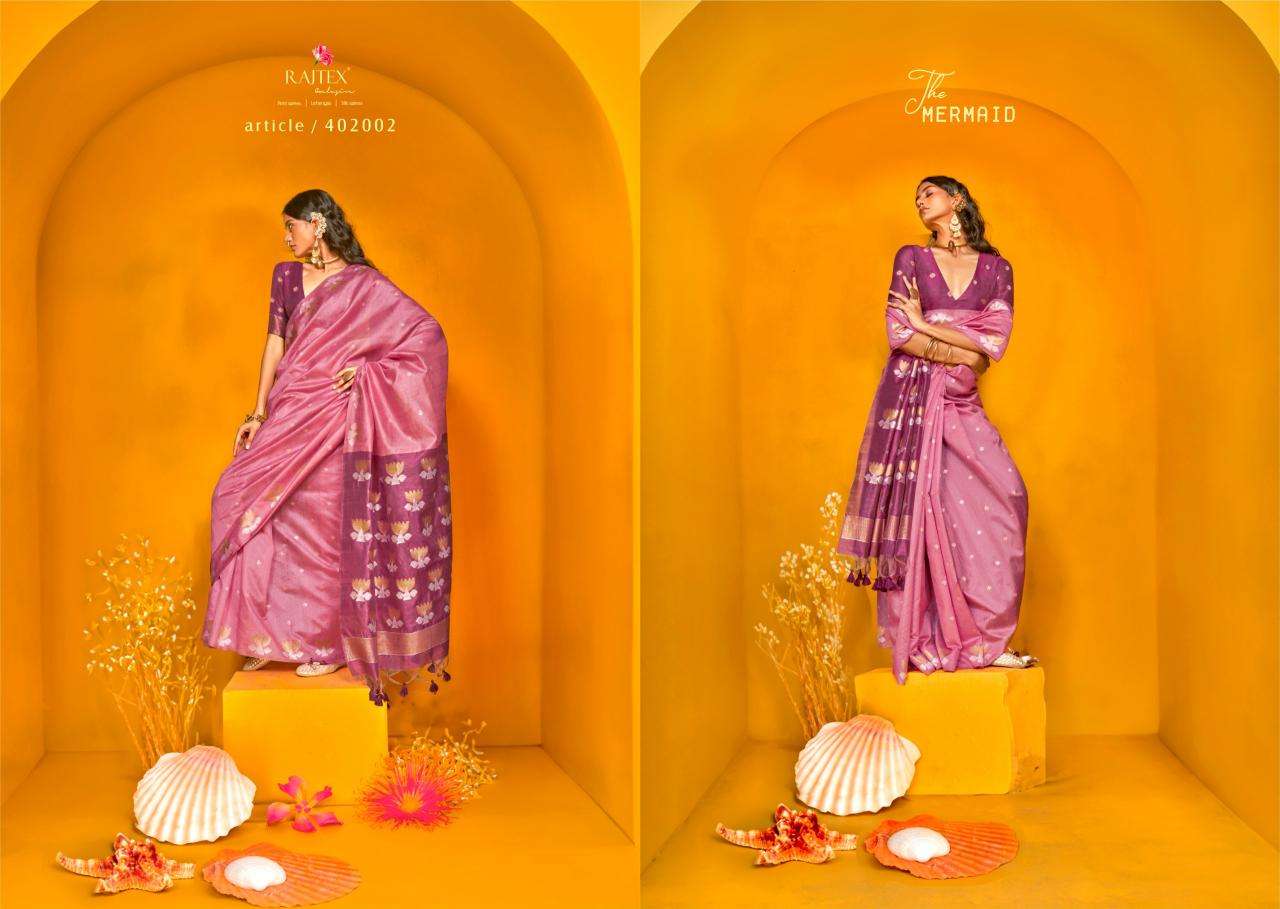 RAJTEX PRESENTS KRYSTAL LOTUS 402001-402006 TUSSAR SILK HANDLOOM DESIGNER SAREES CATALOG WHOLESALER AND EXPORTER 