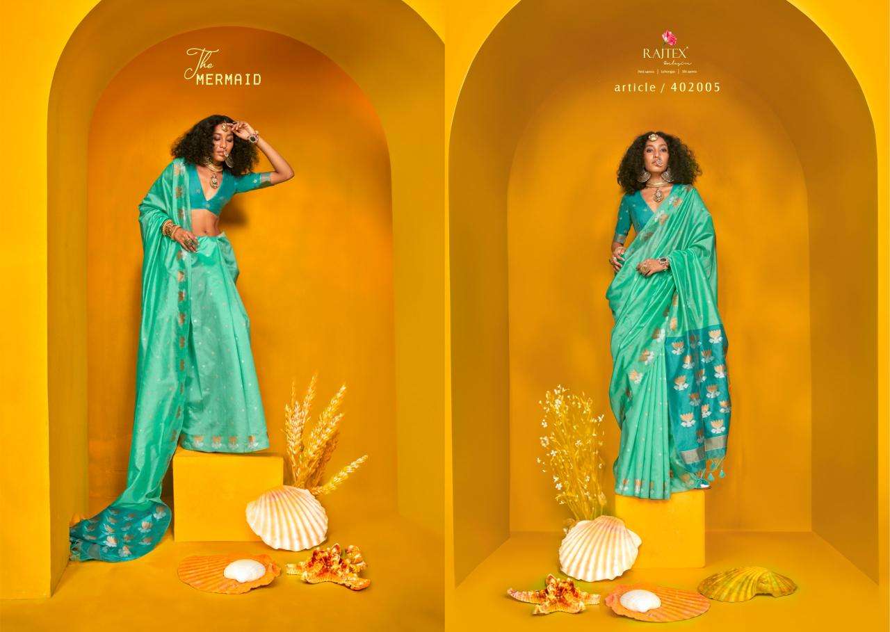 RAJTEX PRESENTS KRYSTAL LOTUS 402001-402006 TUSSAR SILK HANDLOOM DESIGNER SAREES CATALOG WHOLESALER AND EXPORTER 