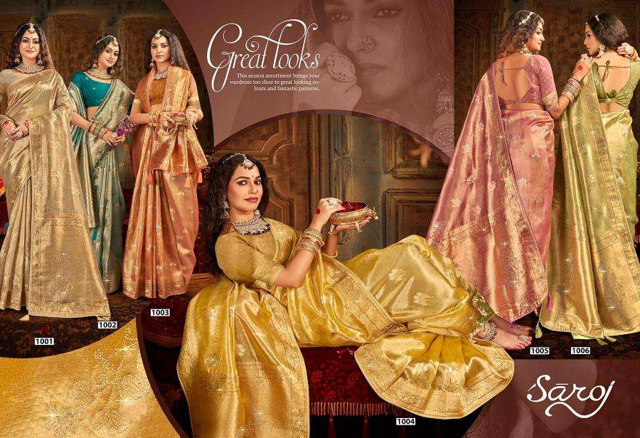 SAROJ PRESENTS SATRANI TISSUE JHARKAN VOL.3 ORGANZA SILK SAREES CATALOG WHOLESALER AND EXPORTER 