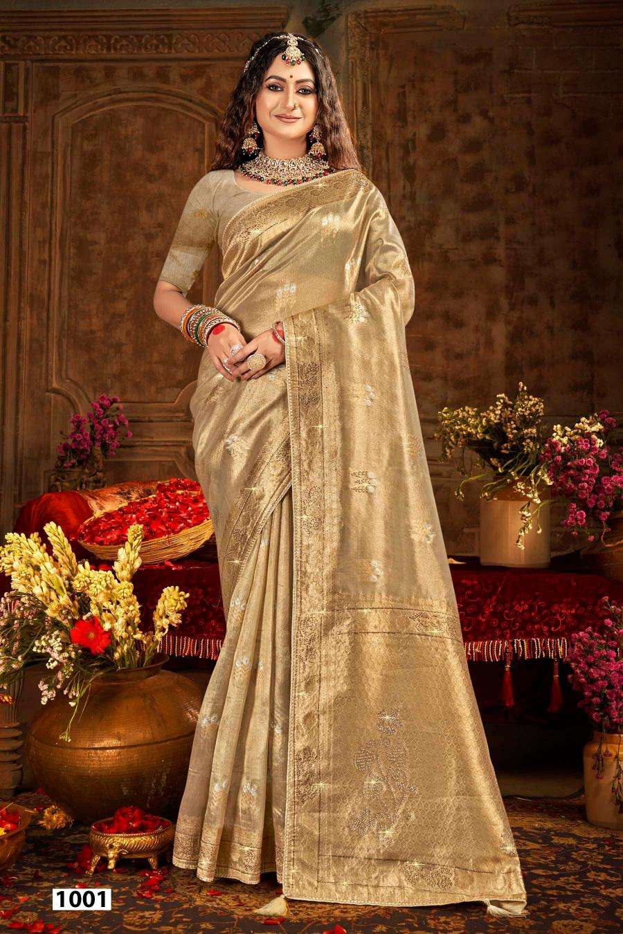 SAROJ PRESENTS SATRANI TISSUE JHARKAN VOL.3 ORGANZA SILK SAREES CATALOG WHOLESALER AND EXPORTER 