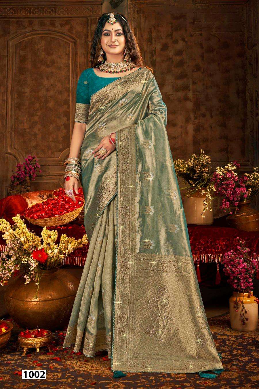 SAROJ PRESENTS SATRANI TISSUE JHARKAN VOL.3 ORGANZA SILK SAREES CATALOG WHOLESALER AND EXPORTER 