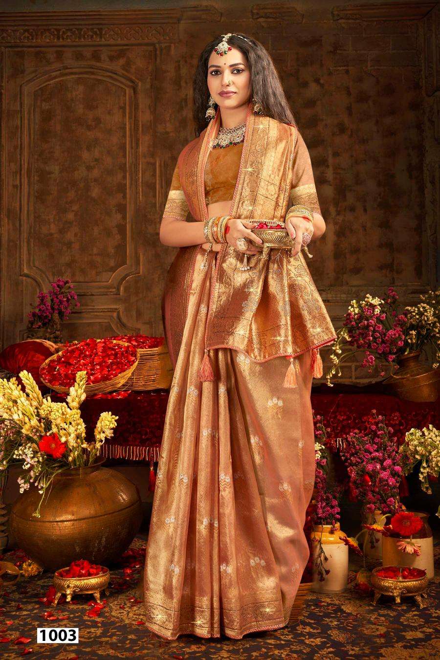 SAROJ PRESENTS SATRANI TISSUE JHARKAN VOL.3 ORGANZA SILK SAREES CATALOG WHOLESALER AND EXPORTER 
