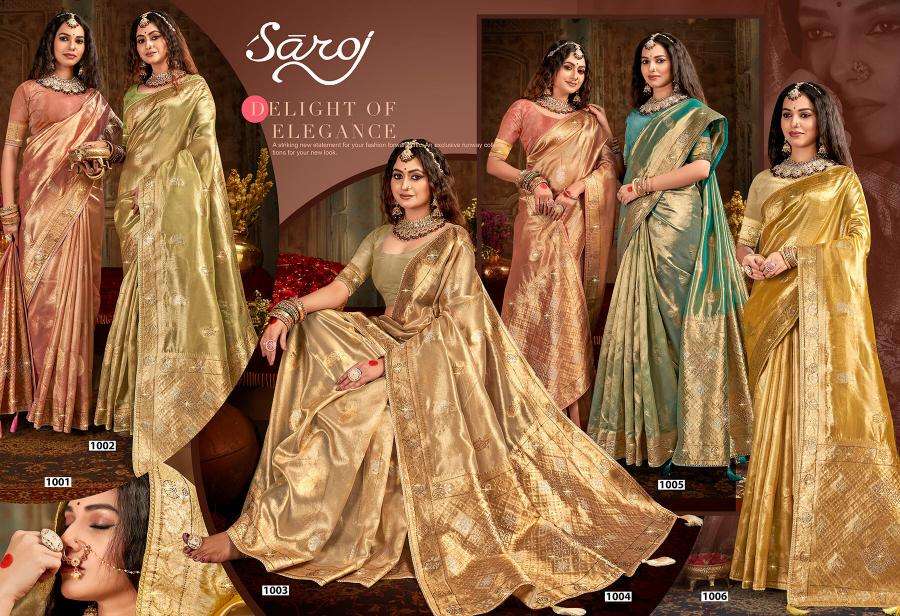 SAROJ PRESENTS SATRANI TISSUE JHARKAN VOL-5 ORGANZA SILK SAREES CATALOG WHOLESALER AND EXPORTER IN SURAT 