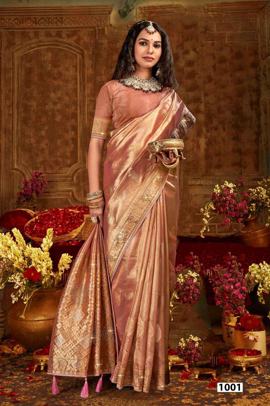 SAROJ PRESENTS SATRANI TISSUE JHARKAN VOL-5 ORGANZA SILK SAREES CATALOG WHOLESALER AND EXPORTER IN SURAT 