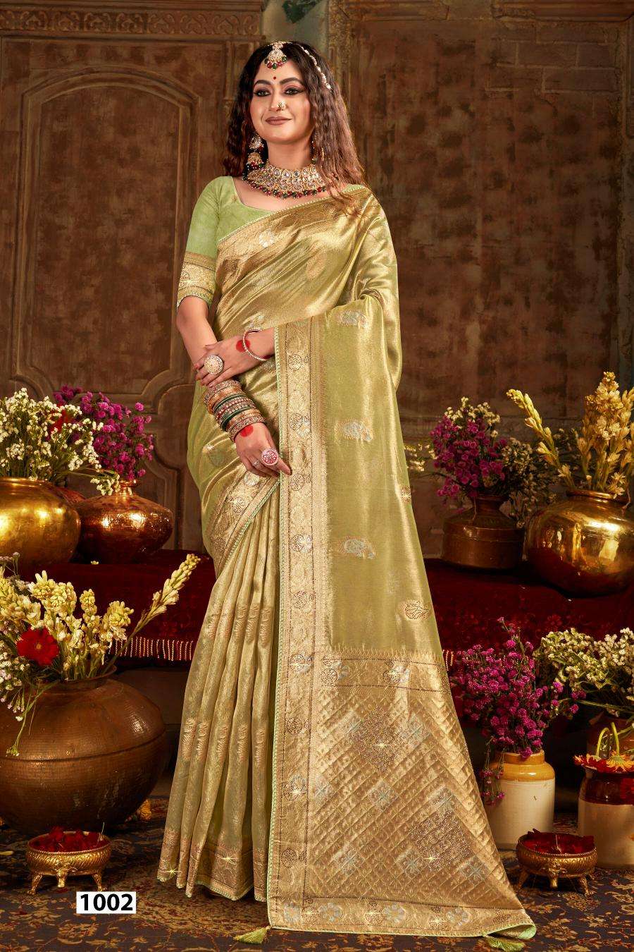 SAROJ PRESENTS SATRANI TISSUE JHARKAN VOL-5 ORGANZA SILK SAREES CATALOG WHOLESALER AND EXPORTER IN SURAT 