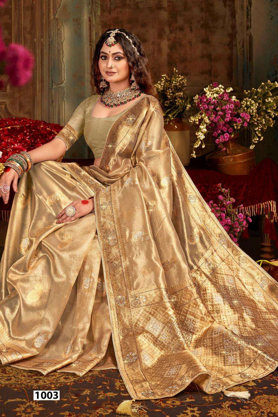 SAROJ PRESENTS SATRANI TISSUE JHARKAN VOL-5 ORGANZA SILK SAREES CATALOG WHOLESALER AND EXPORTER IN SURAT 