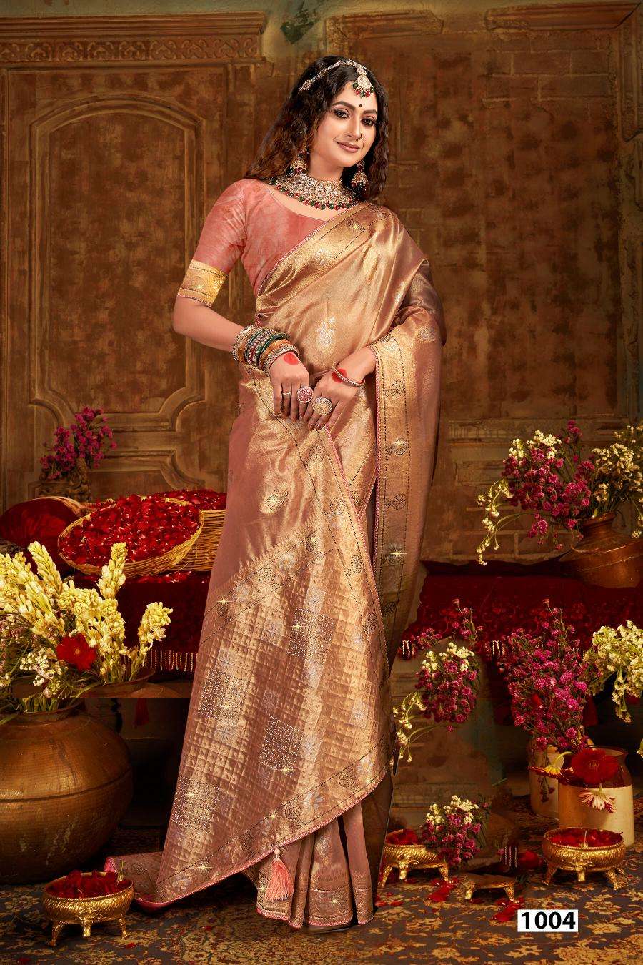SAROJ PRESENTS SATRANI TISSUE JHARKAN VOL-5 ORGANZA SILK SAREES CATALOG WHOLESALER AND EXPORTER IN SURAT 