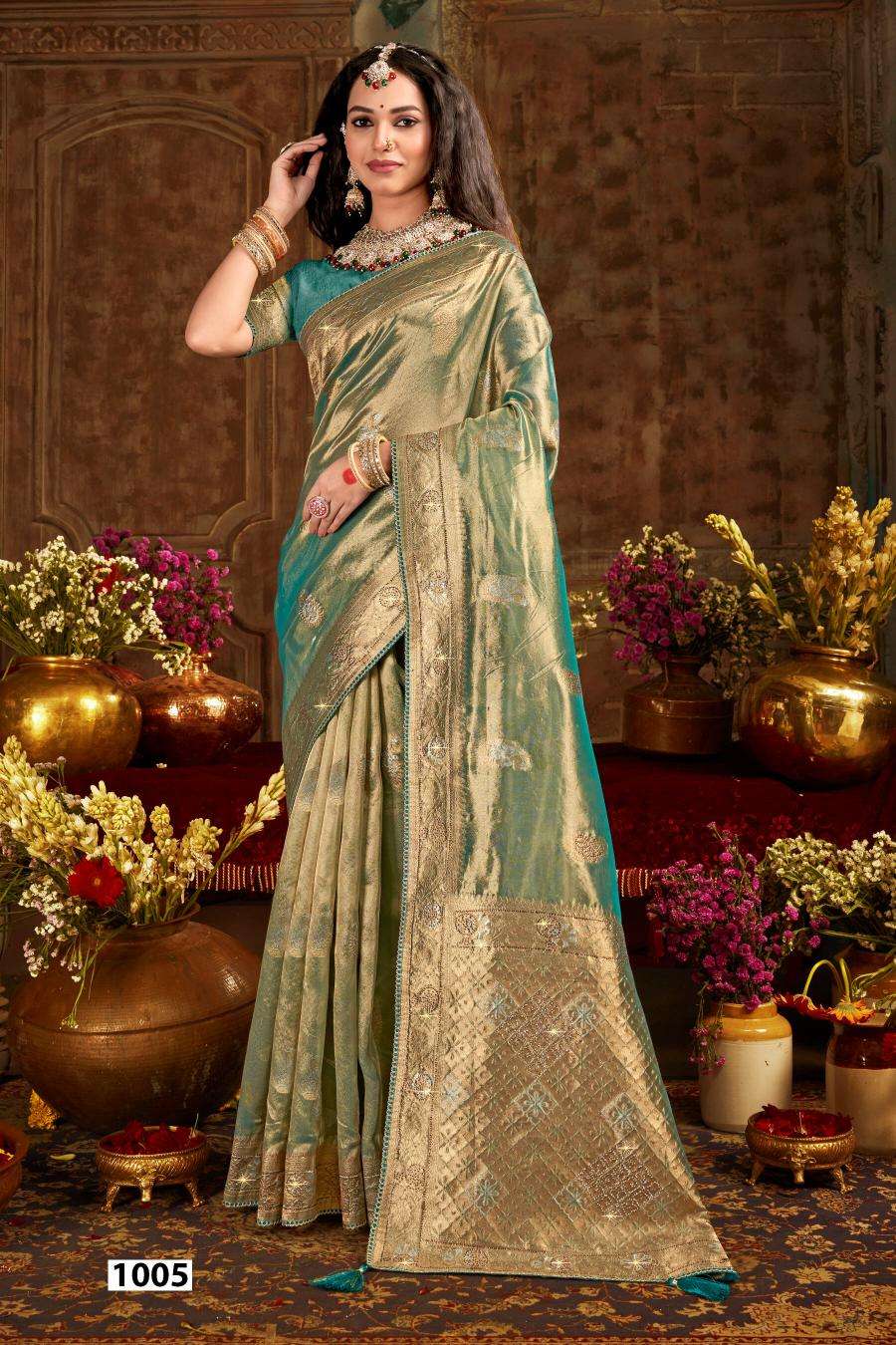 SAROJ PRESENTS SATRANI TISSUE JHARKAN VOL-5 ORGANZA SILK SAREES CATALOG WHOLESALER AND EXPORTER IN SURAT 