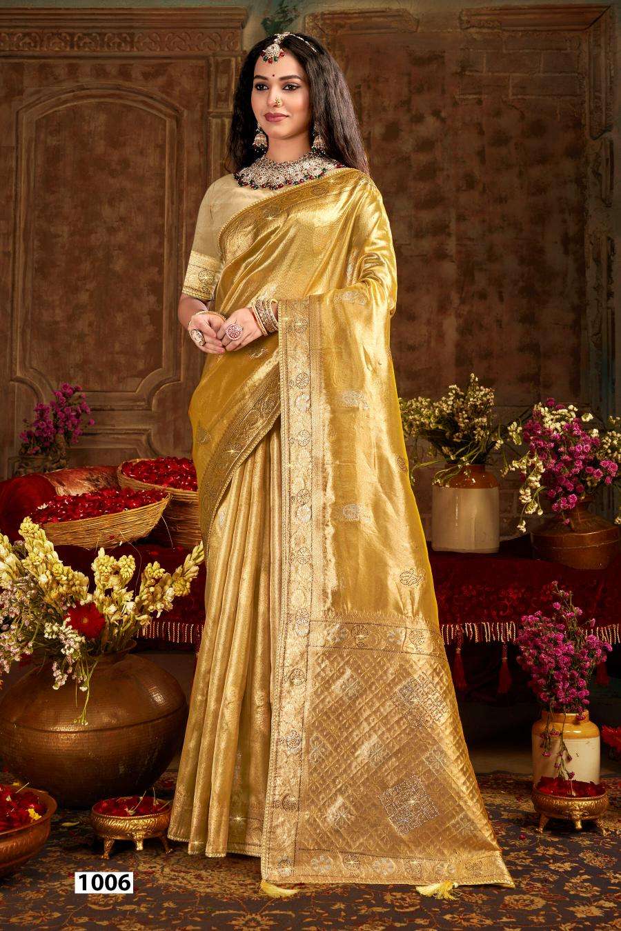 SAROJ PRESENTS SATRANI TISSUE JHARKAN VOL-5 ORGANZA SILK SAREES CATALOG WHOLESALER AND EXPORTER IN SURAT 
