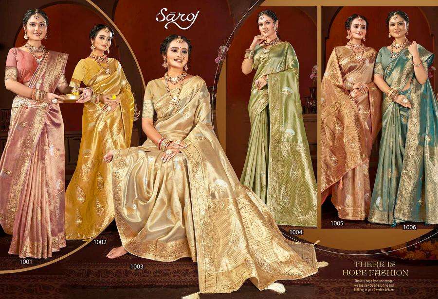 SAROJ PRESENTS SATRANI TISSUE JHARKAN VOL-6 ORGANZA SILK SAREES CATALOG WHOLESALER AND EXPORTER 