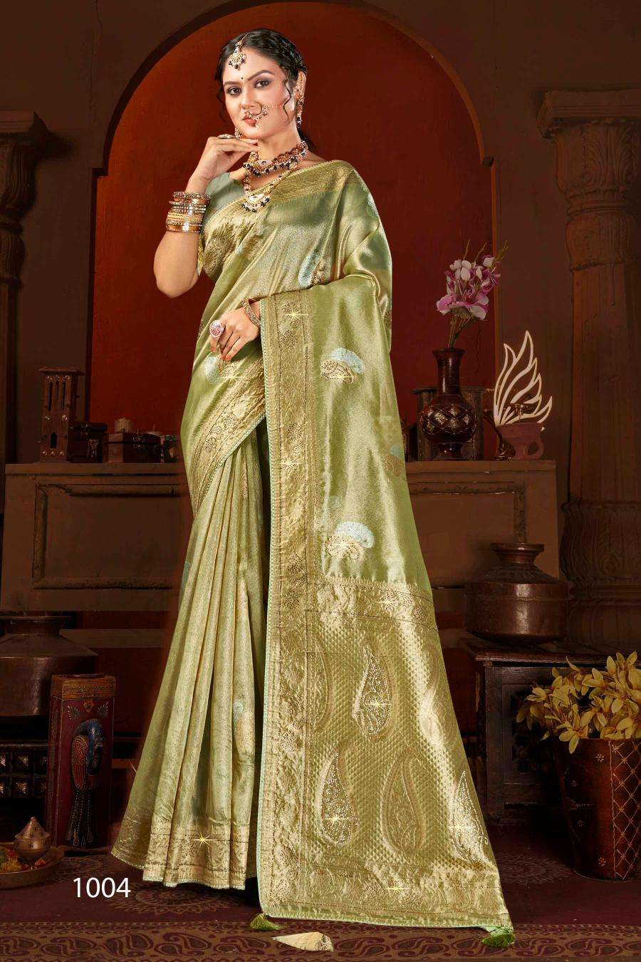 SAROJ PRESENTS SATRANI TISSUE JHARKAN VOL-6 ORGANZA SILK SAREES CATALOG WHOLESALER AND EXPORTER 