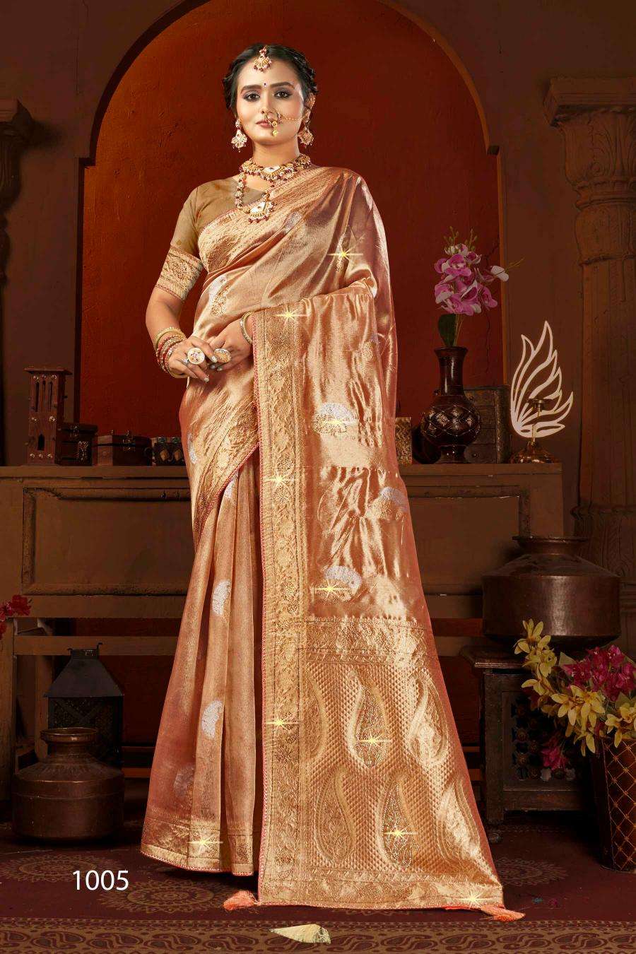SAROJ PRESENTS SATRANI TISSUE JHARKAN VOL-6 ORGANZA SILK SAREES CATALOG WHOLESALER AND EXPORTER 