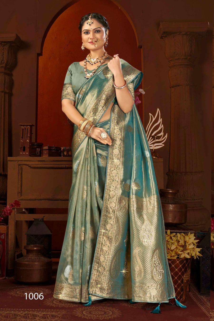 SAROJ PRESENTS SATRANI TISSUE JHARKAN VOL-6 ORGANZA SILK SAREES CATALOG WHOLESALER AND EXPORTER 