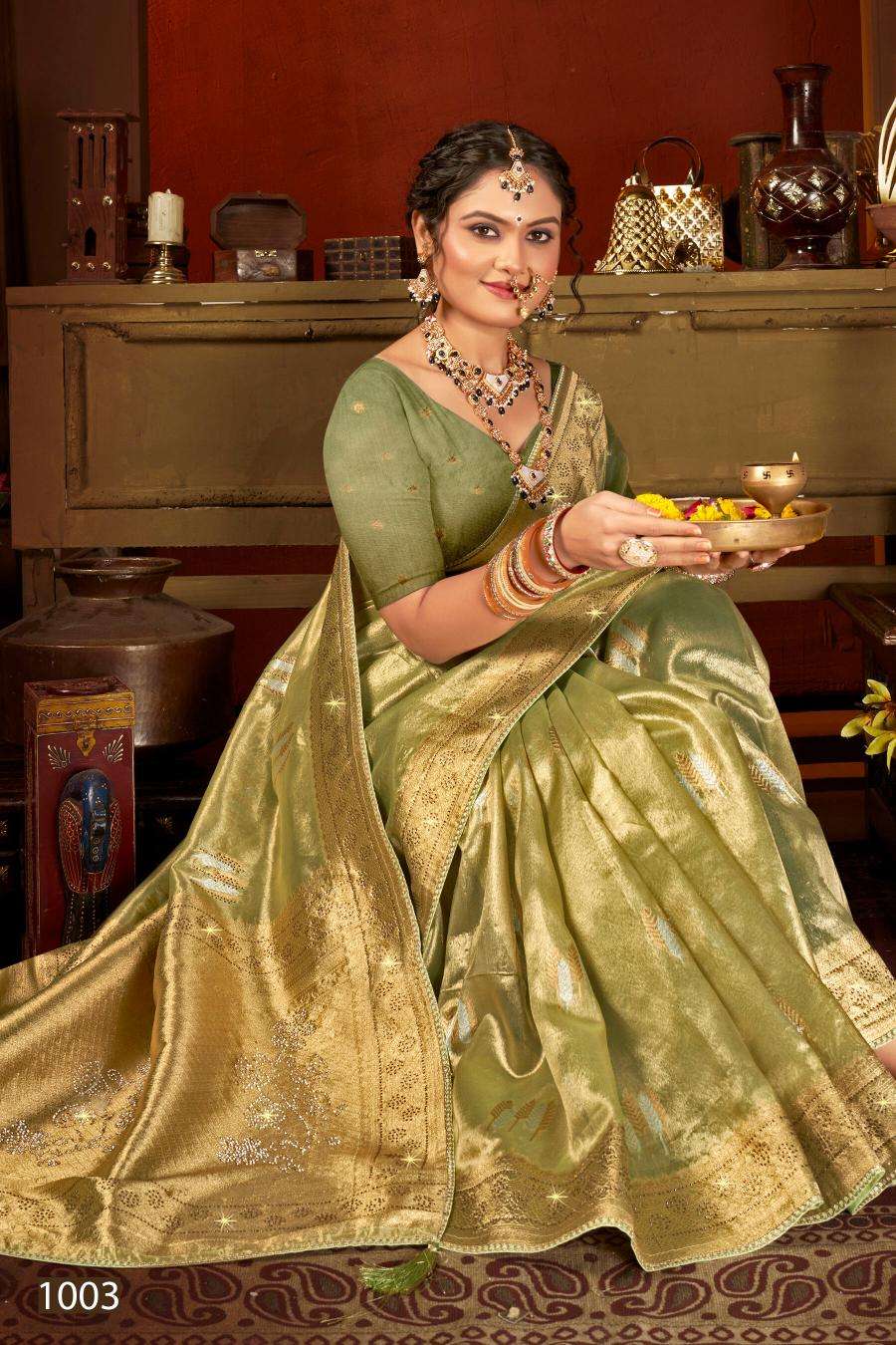 SAROJ PRESENTS  SATRANI TISSUE JHARKAN VOL-7 ORGANZA SILK SAREES CATALOG WHOLESALER AND EXPORTER IN SURAT