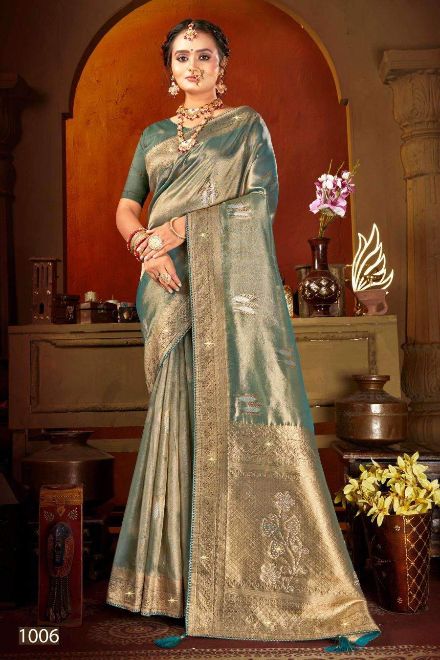 SAROJ PRESENTS  SATRANI TISSUE JHARKAN VOL-7 ORGANZA SILK SAREES CATALOG WHOLESALER AND EXPORTER IN SURAT