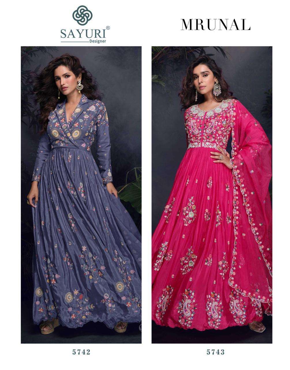 SAYURI PRESENTS MRUNAL CHINON SILK READY MADE DESIGNER GOWN CATALOG WHOLESALER AND EXPORTER  