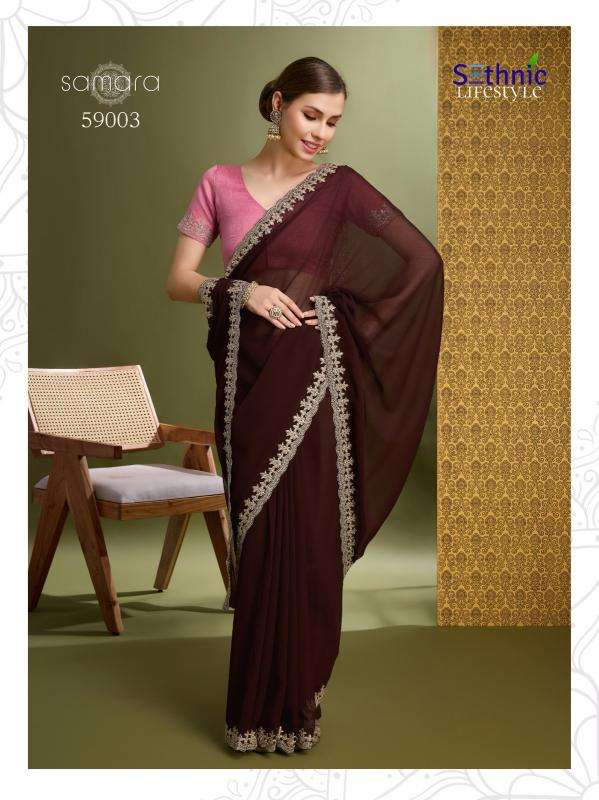 SETHNIC LIFESTYLE PRESENTS SAMARA 59001-59004 GEORGETTE FASHIONABLE DESIGN SAREES CATALOG WHOLESALER AND EXPORTER 