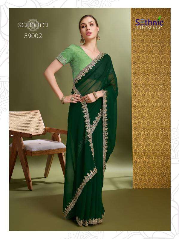 SETHNIC LIFESTYLE PRESENTS SAMARA 59001-59004 GEORGETTE FASHIONABLE DESIGN SAREES CATALOG WHOLESALER AND EXPORTER 
