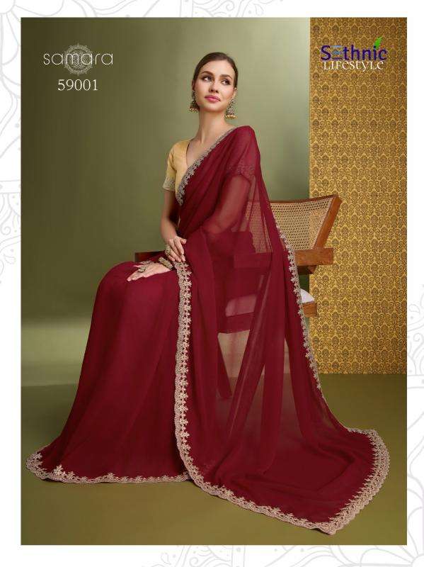 SETHNIC LIFESTYLE PRESENTS SAMARA 59001-59004 GEORGETTE FASHIONABLE DESIGN SAREES CATALOG WHOLESALER AND EXPORTER 