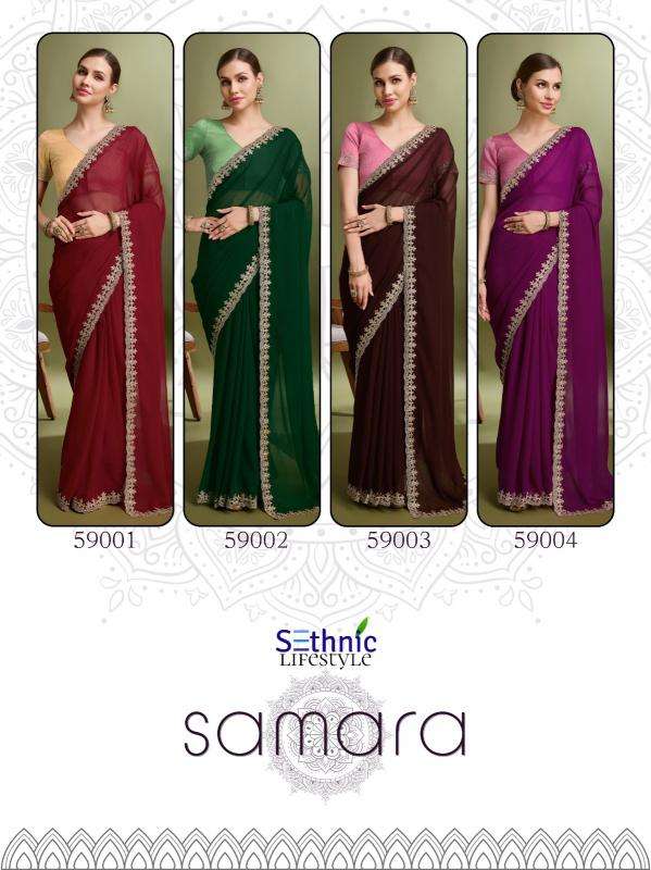 SETHNIC LIFESTYLE PRESENTS SAMARA 59001-59004 GEORGETTE FASHIONABLE DESIGN SAREES CATALOG WHOLESALER AND EXPORTER 