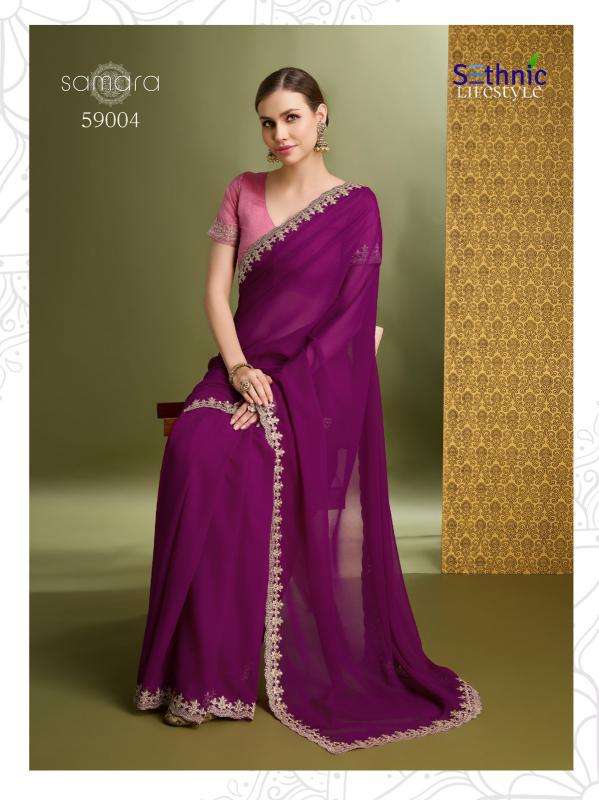 SETHNIC LIFESTYLE PRESENTS SAMARA 59001-59004 GEORGETTE FASHIONABLE DESIGN SAREES CATALOG WHOLESALER AND EXPORTER 