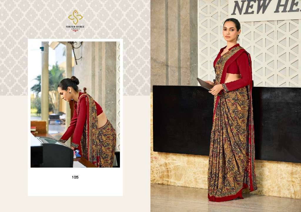SHUBH SHREE CREATION PRESENTS FLORENCE 101-109 ELEGANT STYLE CRAPE SILK BEST SAREES CATALOG WHOLESALER AND EXPORTER IN SURAT