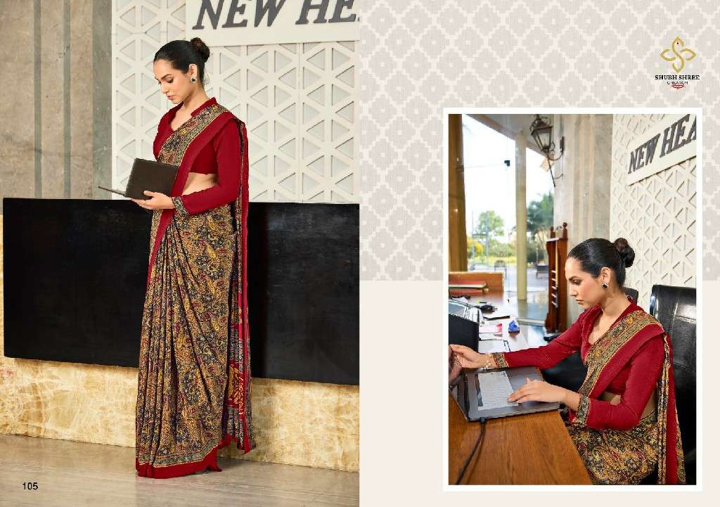 SHUBH SHREE CREATION PRESENTS FLORENCE 101-109 ELEGANT STYLE CRAPE SILK BEST SAREES CATALOG WHOLESALER AND EXPORTER IN SURAT