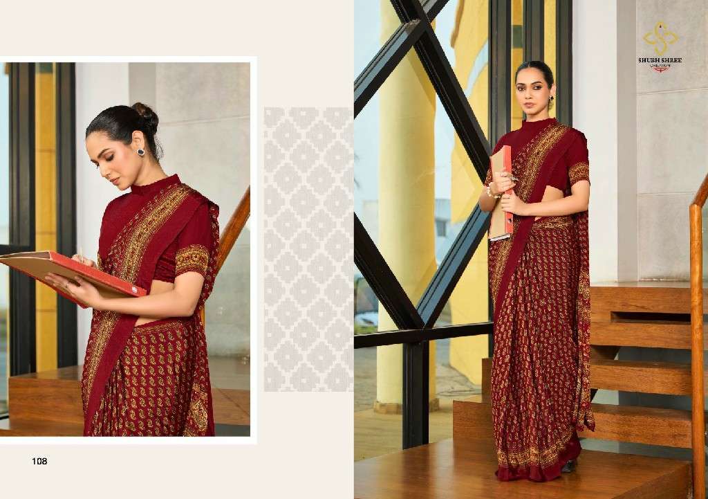 SHUBH SHREE CREATION PRESENTS FLORENCE 101-109 ELEGANT STYLE CRAPE SILK BEST SAREES CATALOG WHOLESALER AND EXPORTER IN SURAT