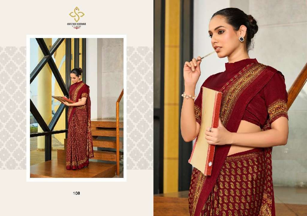 SHUBH SHREE CREATION PRESENTS FLORENCE 101-109 ELEGANT STYLE CRAPE SILK BEST SAREES CATALOG WHOLESALER AND EXPORTER IN SURAT