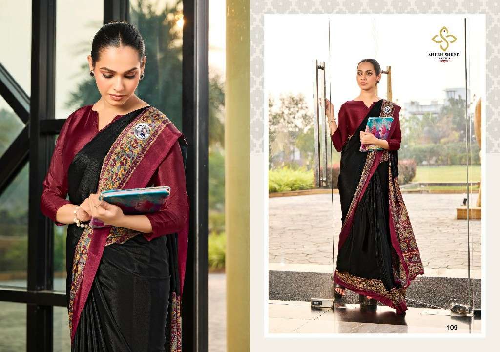 SHUBH SHREE CREATION PRESENTS FLORENCE 101-109 ELEGANT STYLE CRAPE SILK BEST SAREES CATALOG WHOLESALER AND EXPORTER IN SURAT
