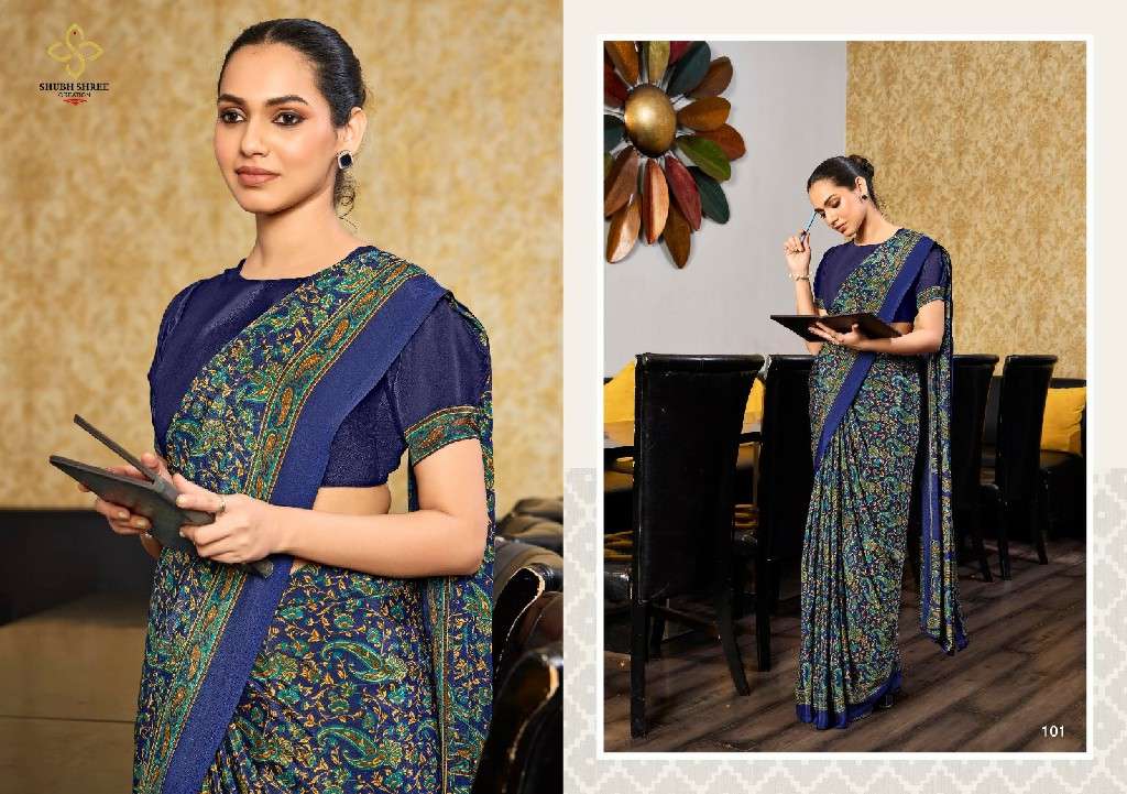 SHUBH SHREE CREATION PRESENTS FLORENCE 101-109 ELEGANT STYLE CRAPE SILK BEST SAREES CATALOG WHOLESALER AND EXPORTER IN SURAT