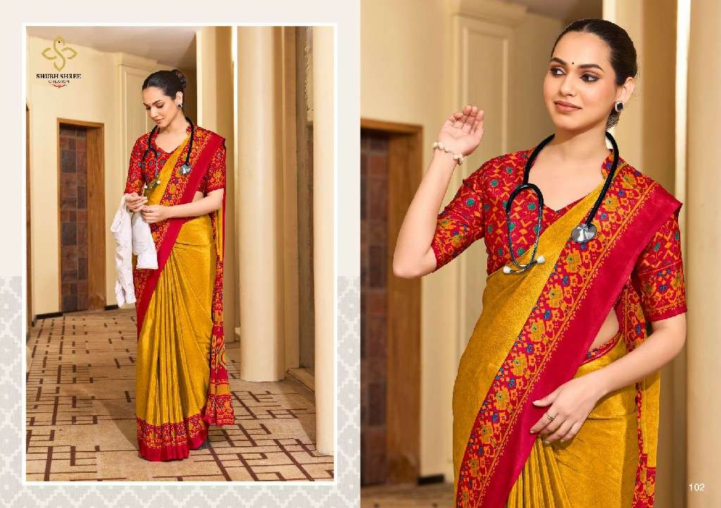 SHUBH SHREE CREATION PRESENTS FLORENCE 101-109 ELEGANT STYLE CRAPE SILK BEST SAREES CATALOG WHOLESALER AND EXPORTER IN SURAT